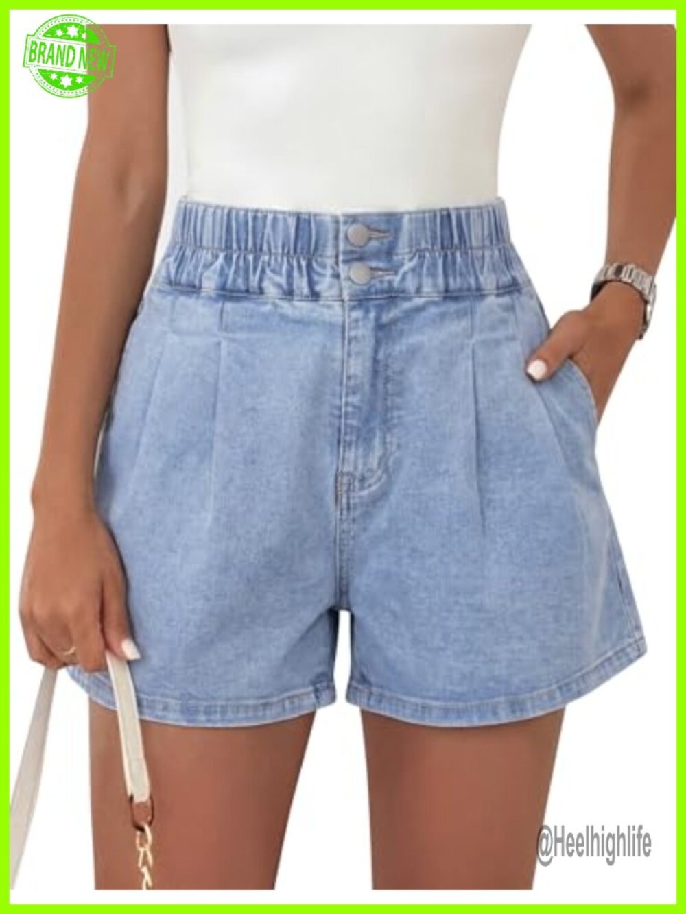 Pleated High Waisted Baggy Denim Shorts, Elastic Jean Shorts for Women